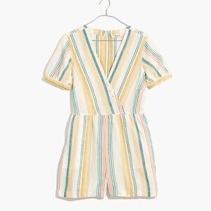 Madewell Linen Button-Wrap Romper in Stripe